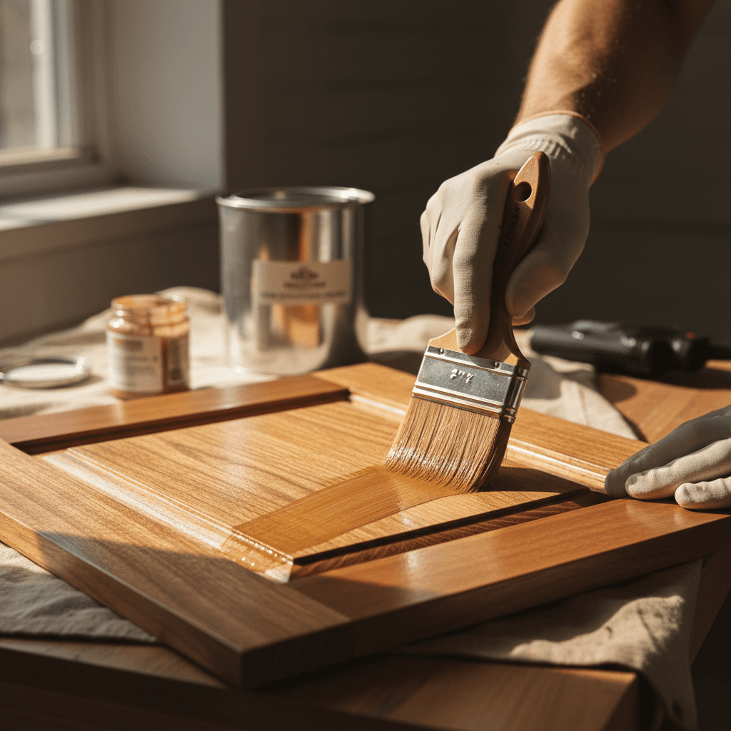 Close-up of a brush painting a kitchen cabinet door