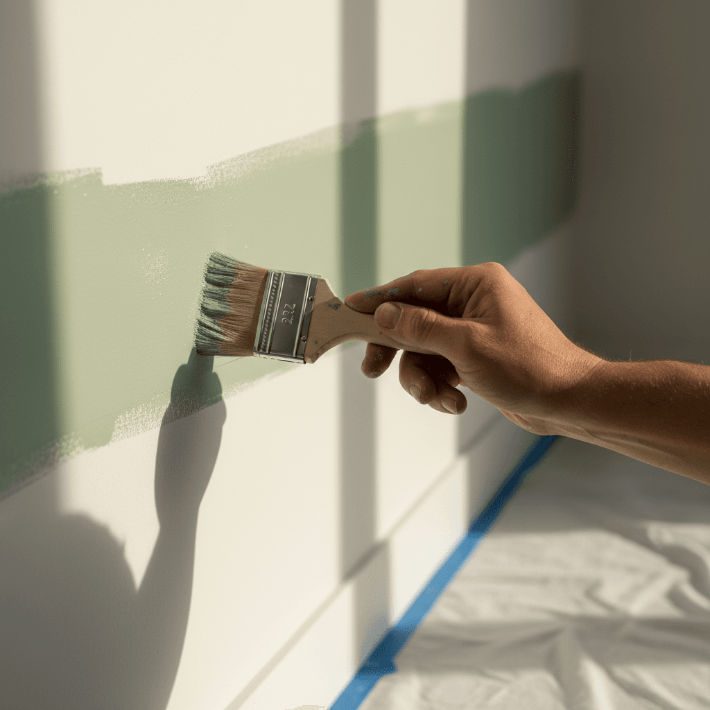 Paintbrush against a freshly painted interior wall