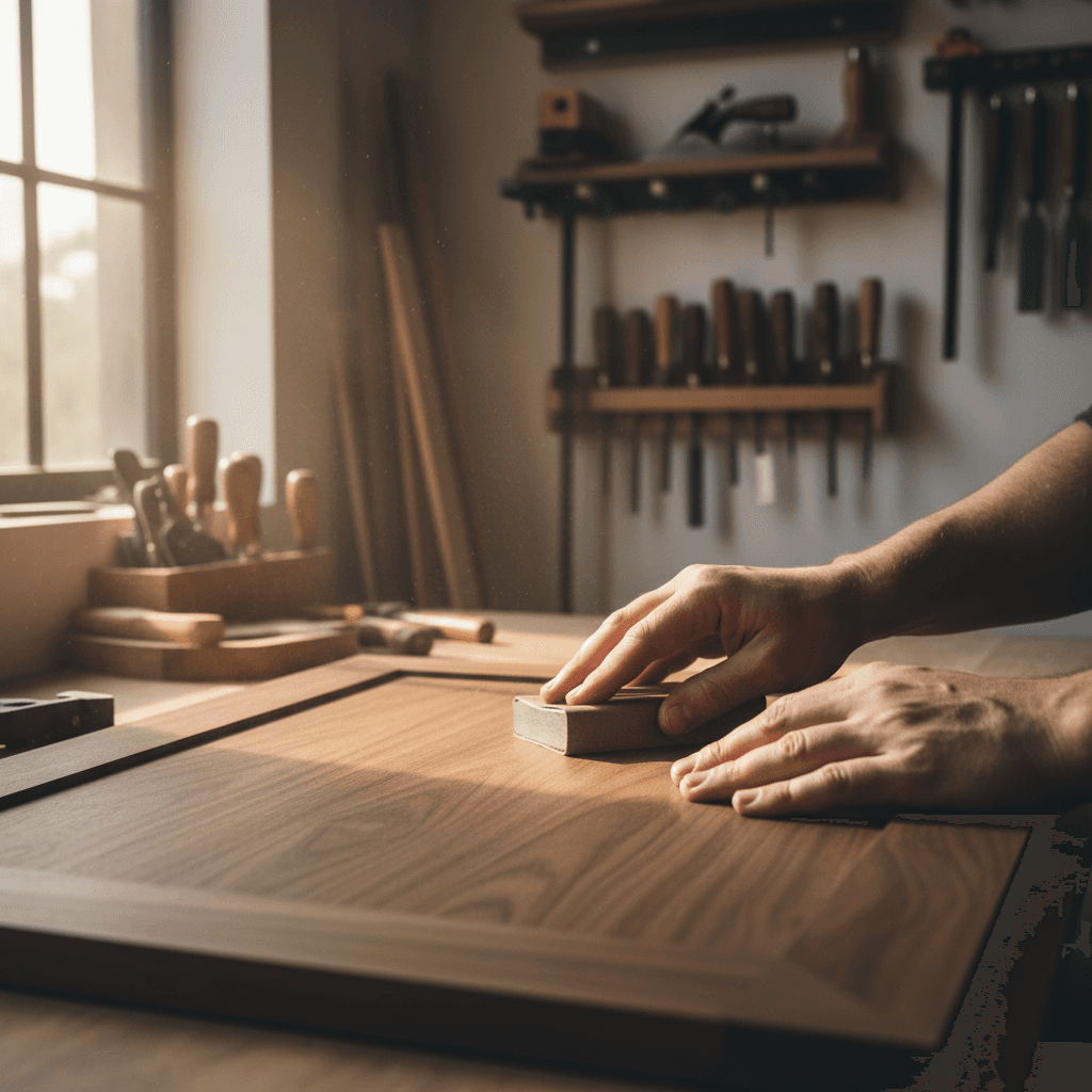 Close-up of hands sanding a cabinet door with a paintbrush nearby