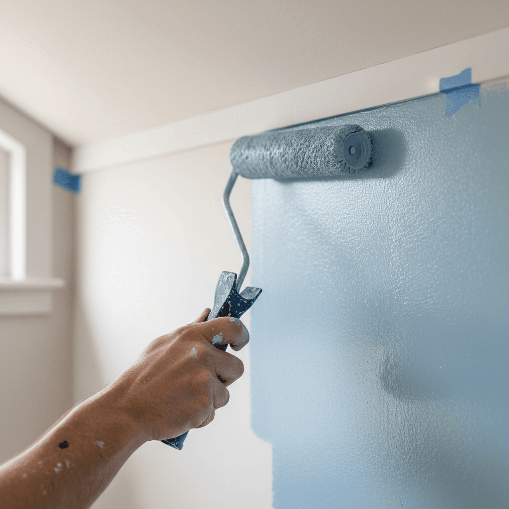 Close-up of a paint roller applying the final coat to a freshly painted interior wall, with the painter's hand holding the roller, set in a bright living room with natural light streaming in