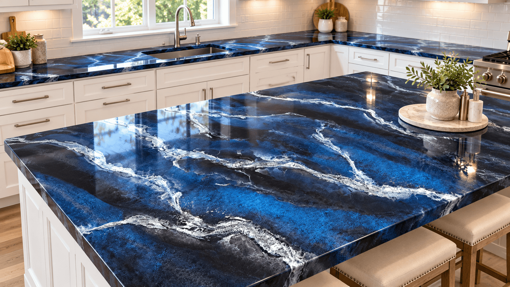 Striking blue and white marbled countertop on a kitchen island with modern white cabinetry.
